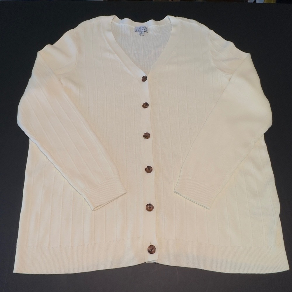 Joan Rivers Ribbed V-Neck Cardigan Sweater Cream White XL Cotton Rayon Blend